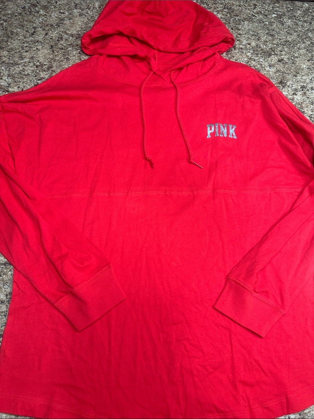NWT PINK Victoria's Secret Red Pullover Hoodie Varsity Tshirt with Silver Logo M
